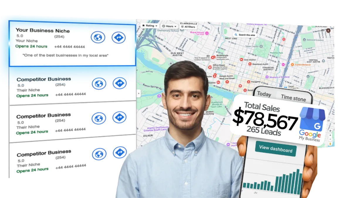 Illustration of Google Maps listings and a business dashboard